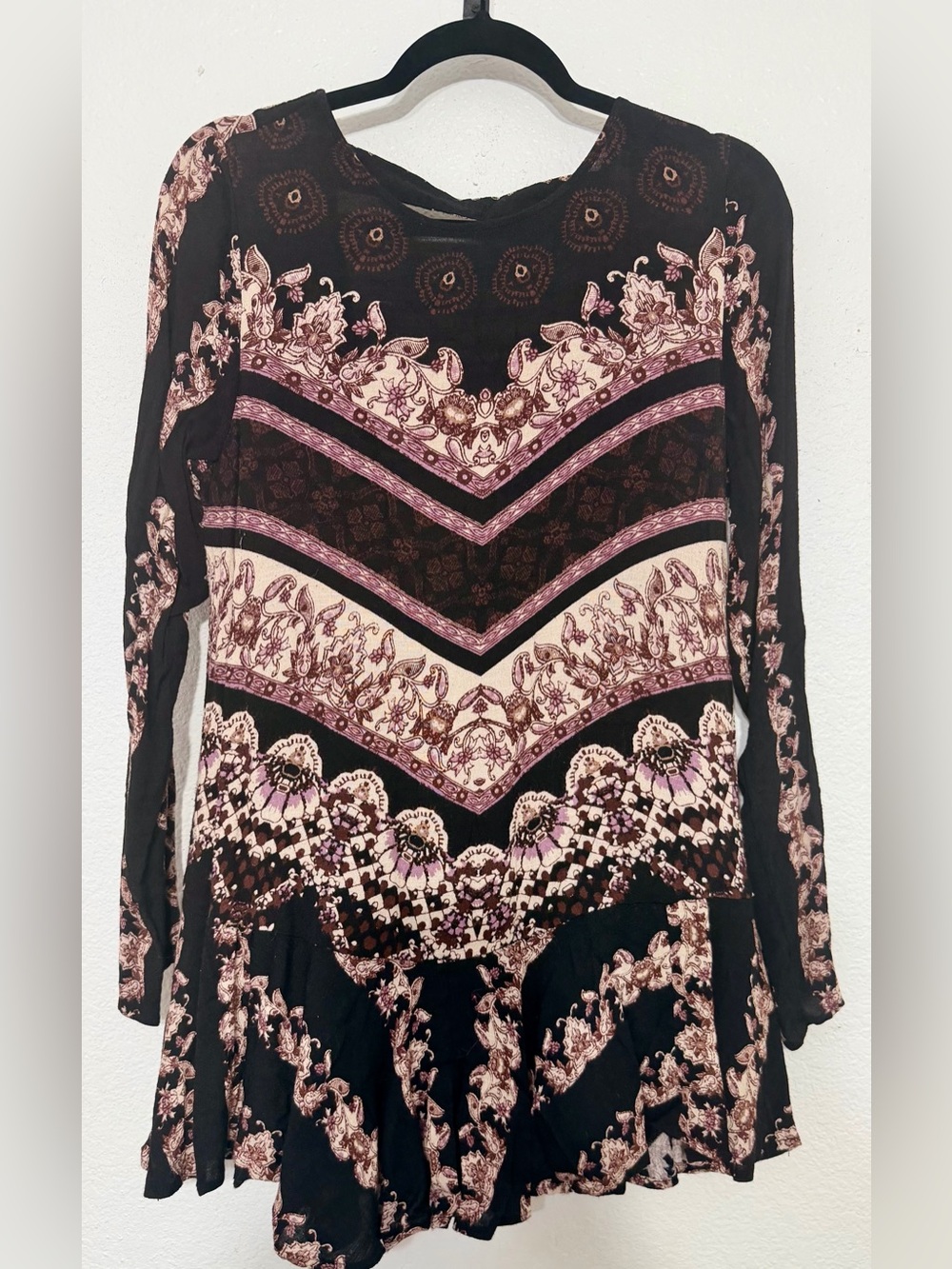 Free People Boho Mixed Print Tunic Mini Dress Black Purple M
